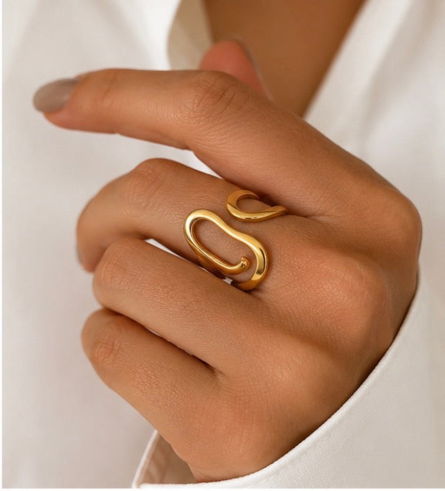 18k gold stainless steel smooth line irregular opening ring, titanium steel ring with design sensibility